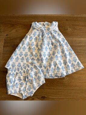 Hope & Henry White Light Blue Floral Dress Bloomer Set Size 6/12 Months Baby